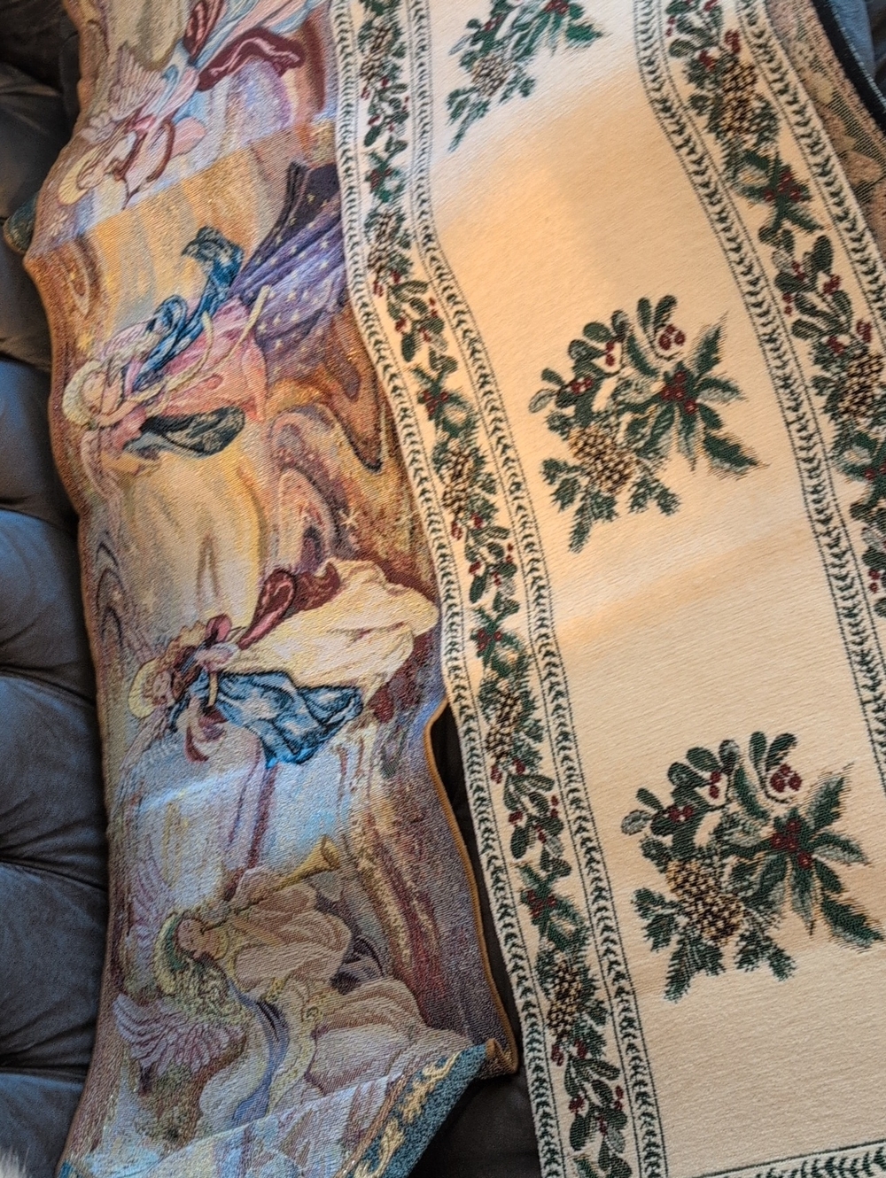Decorative Tapestry Throw with Angel Motif and Holiday Runner